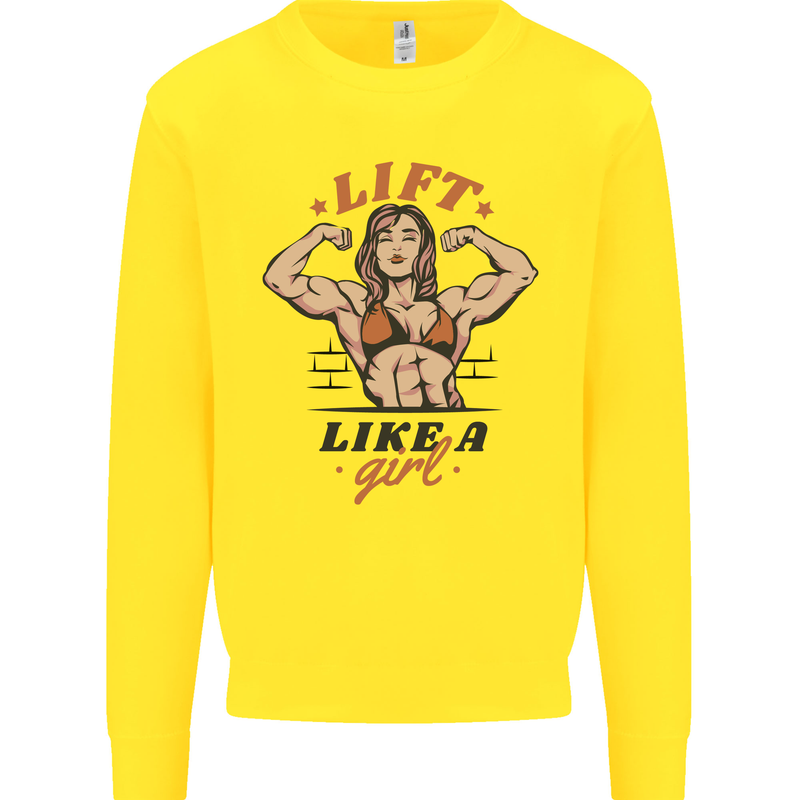 Lift Like a Girl Female Bodybuilding Kids Sweatshirt Jumper Yellow
