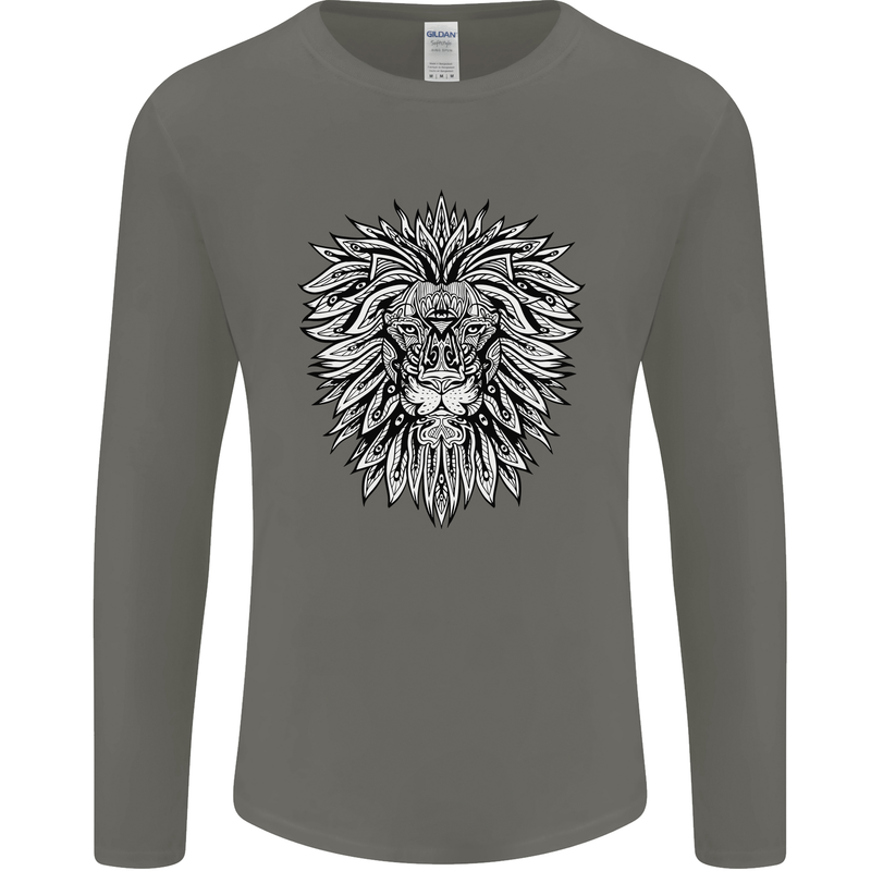 Lion Mandala Art Mens Long Sleeve T-Shirt Charcoal
