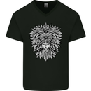 Lion Mandala Art Mens V-Neck Cotton T-Shirt Black