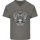 Lion Mandala Art Mens V-Neck Cotton T-Shirt Charcoal