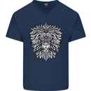 Lion Mandala Art Mens V-Neck Cotton T-Shirt Navy Blue