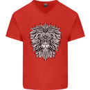 Lion Mandala Art Mens V-Neck Cotton T-Shirt Red