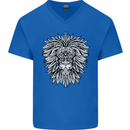Lion Mandala Art Mens V-Neck Cotton T-Shirt Royal Blue
