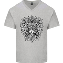 Lion Mandala Art Mens V-Neck Cotton T-Shirt Sports Grey