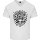 Lion Mandala Art Mens V-Neck Cotton T-Shirt White