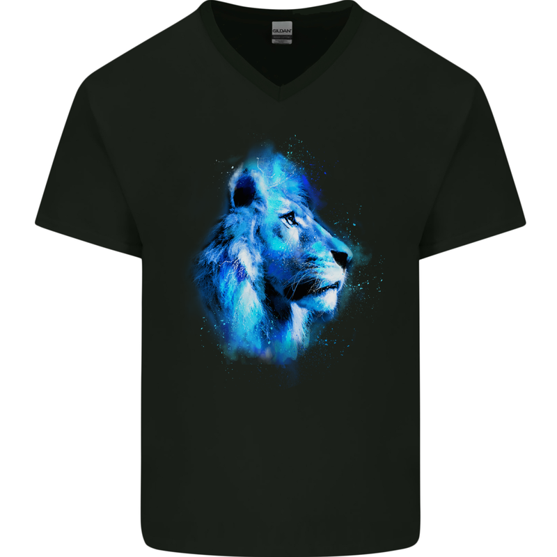 Lion Watercolour Mens V-Neck Cotton T-Shirt Black