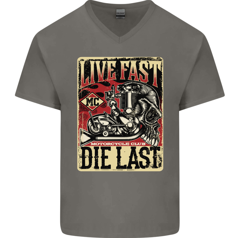 Live Fast Motorcycle Motorbike Biker Chopper Mens V-Neck Cotton T-Shirt Charcoal