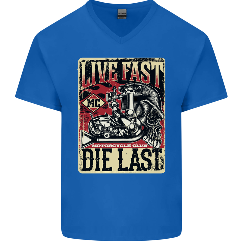 Live Fast Motorcycle Motorbike Biker Chopper Mens V-Neck Cotton T-Shirt Royal Blue