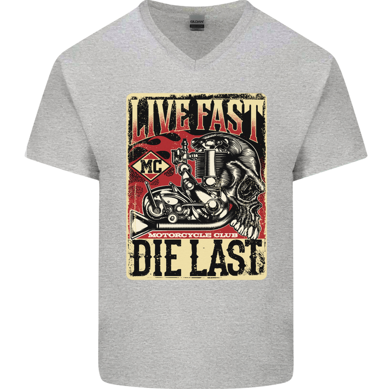 Live Fast Motorcycle Motorbike Biker Chopper Mens V-Neck Cotton T-Shirt Sports Grey