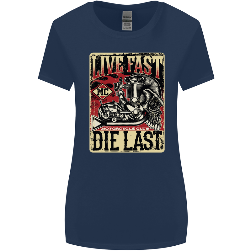 Live Fast Motorcycle Motorbike Biker Chopper Womens Wider Cut T-Shirt Navy Blue