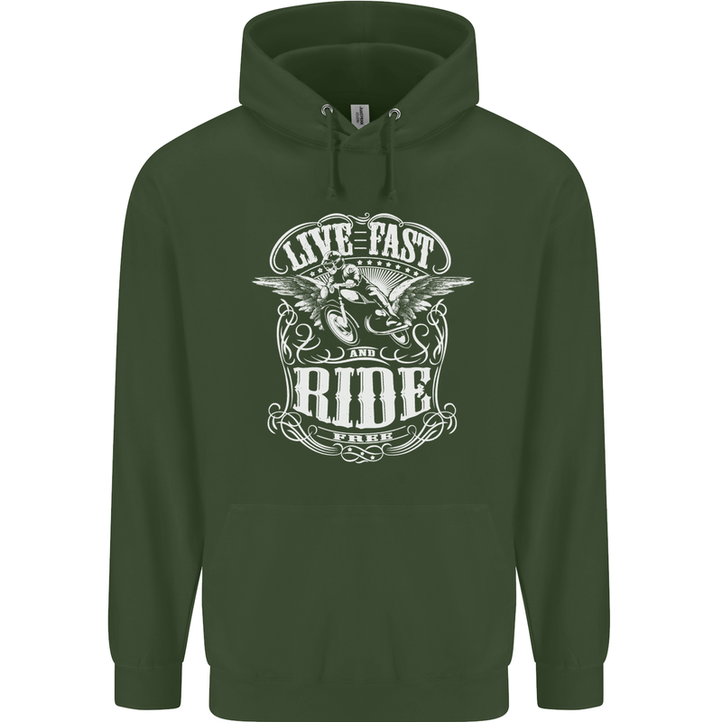 Live Fast Ride Free Motorcycle Biker Mens 80% Cotton Hoodie Forest Green