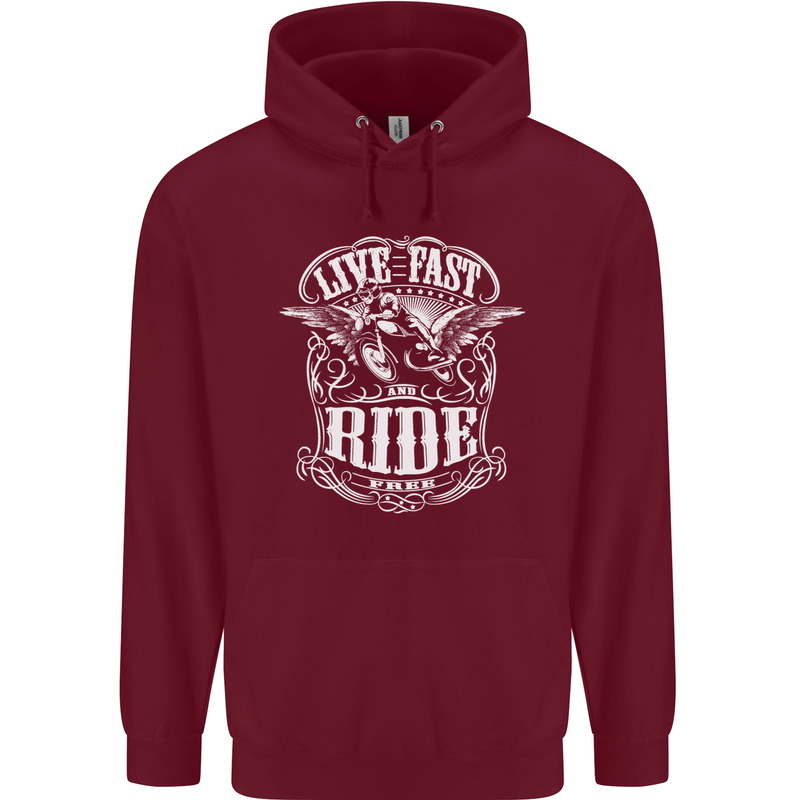 Live Fast Ride Free Motorcycle Biker Mens 80% Cotton Hoodie Maroon