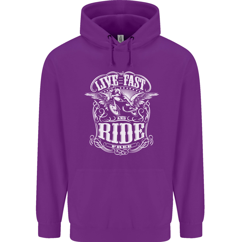 Live Fast Ride Free Motorcycle Biker Mens 80% Cotton Hoodie Purple