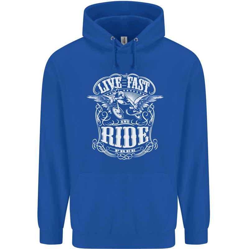 Live Fast Ride Free Motorcycle Biker Mens 80% Cotton Hoodie Royal Blue