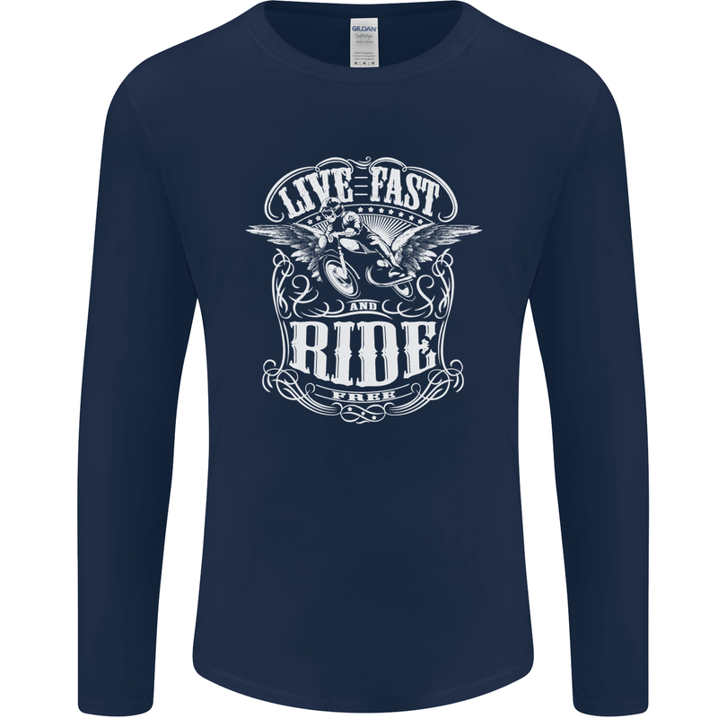 Live Fast Ride Free Motorcycle Biker Mens Long Sleeve T-Shirt Navy Blue