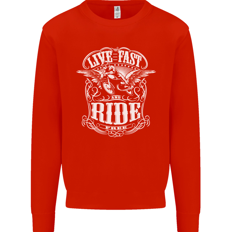 Live Fast Ride Free Motorcycle Biker Mens Sweatshirt Jumper Bright Red