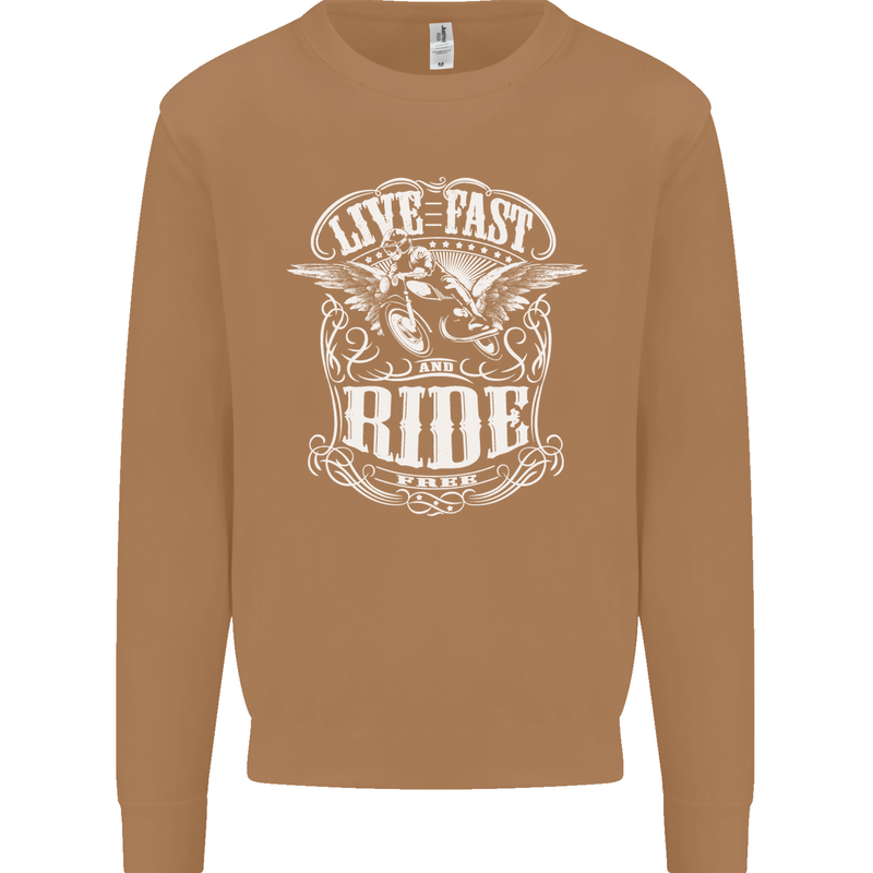 Live Fast Ride Free Motorcycle Biker Mens Sweatshirt Jumper Caramel Latte