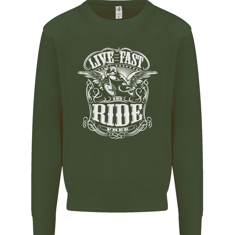 Live Fast Ride Free Motorcycle Biker Mens Sweatshirt Jumper Forest Green