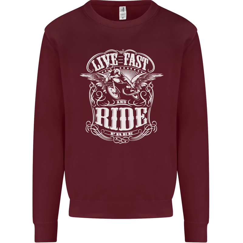 Live Fast Ride Free Motorcycle Biker Mens Sweatshirt Jumper Maroon