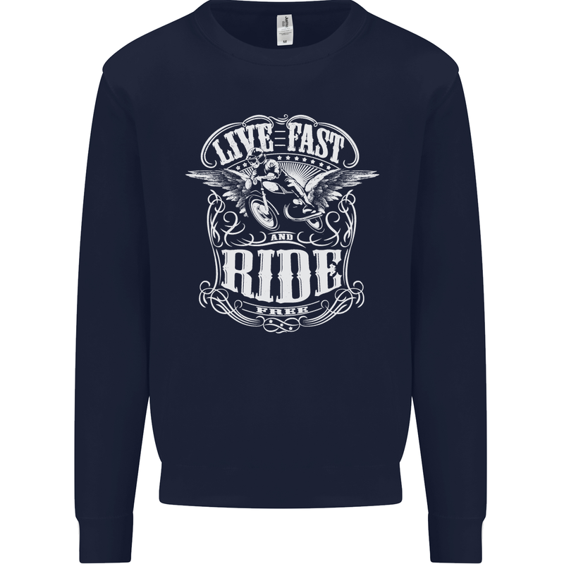 Live Fast Ride Free Motorcycle Biker Mens Sweatshirt Jumper Navy Blue