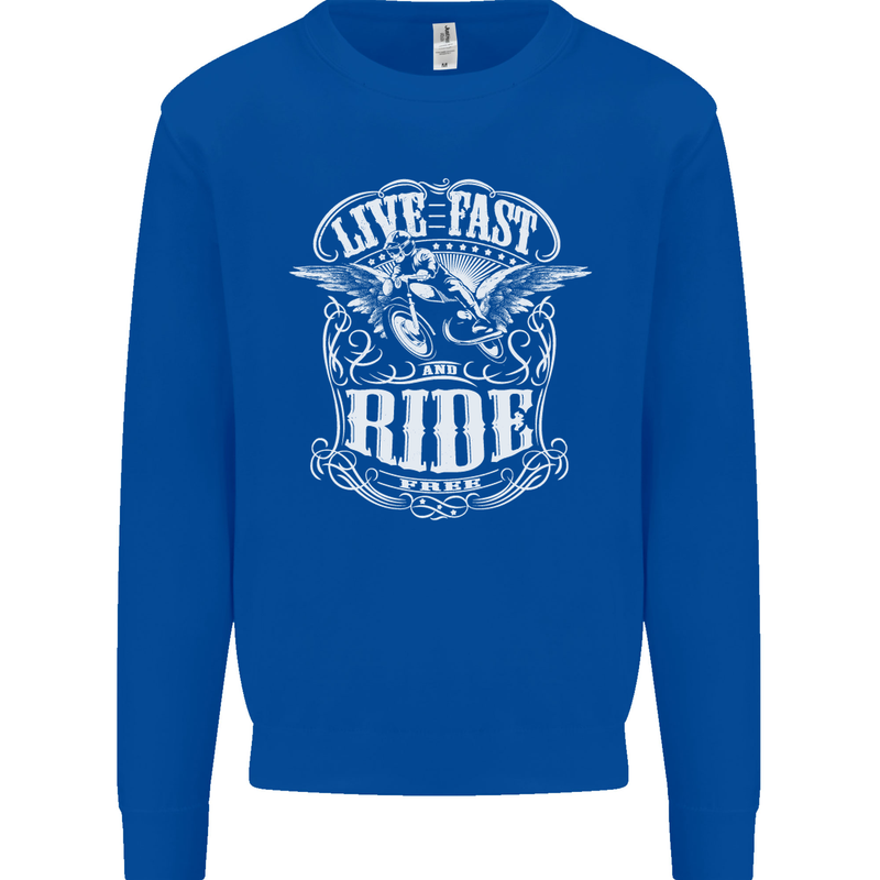 Live Fast Ride Free Motorcycle Biker Mens Sweatshirt Jumper Royal Blue