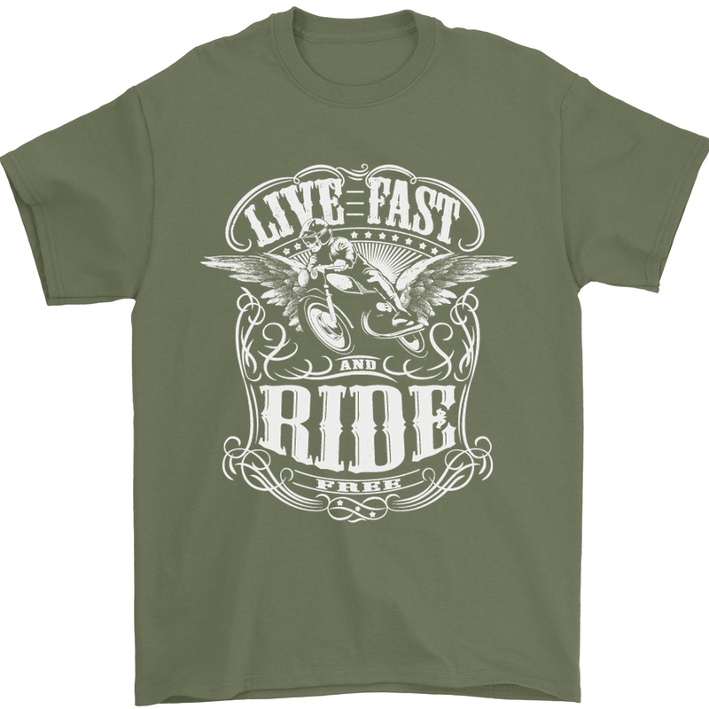 Live Fast Ride Free Motorcycle Biker Mens T-Shirt Cotton Gildan Military Green
