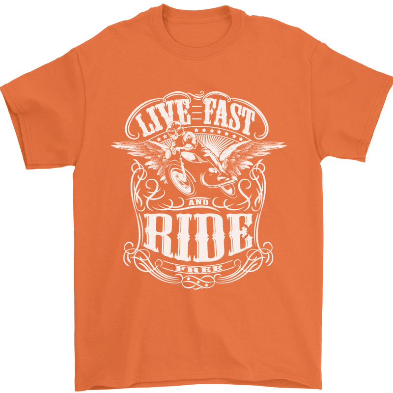 Live Fast Ride Free Motorcycle Biker Mens T-Shirt Cotton Gildan Orange