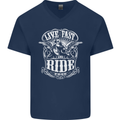 Live Fast Ride Free Motorcycle Biker Mens V-Neck Cotton T-Shirt Navy Blue
