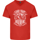 Live Fast Ride Free Motorcycle Biker Mens V-Neck Cotton T-Shirt Red