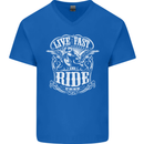 Live Fast Ride Free Motorcycle Biker Mens V-Neck Cotton T-Shirt Royal Blue