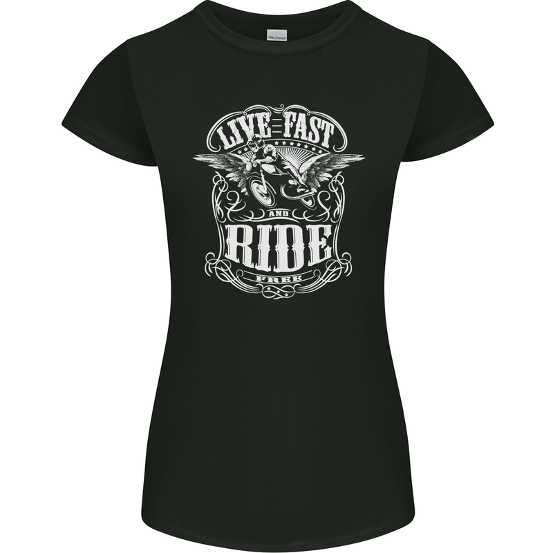 Live Fast Ride Free Motorcycle Biker Womens Petite Cut T-Shirt Black