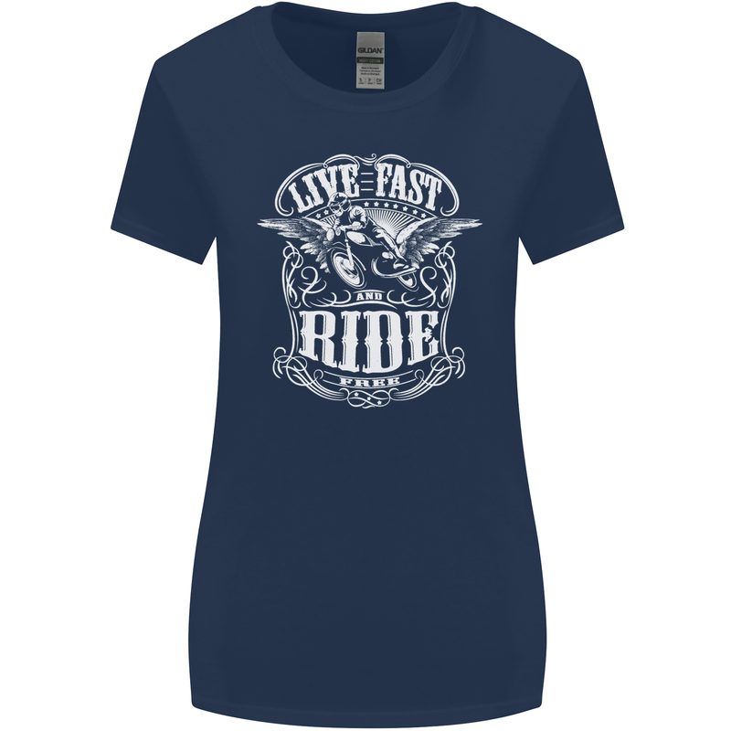 Live Fast Ride Free Motorcycle Biker Womens Wider Cut T-Shirt Navy Blue