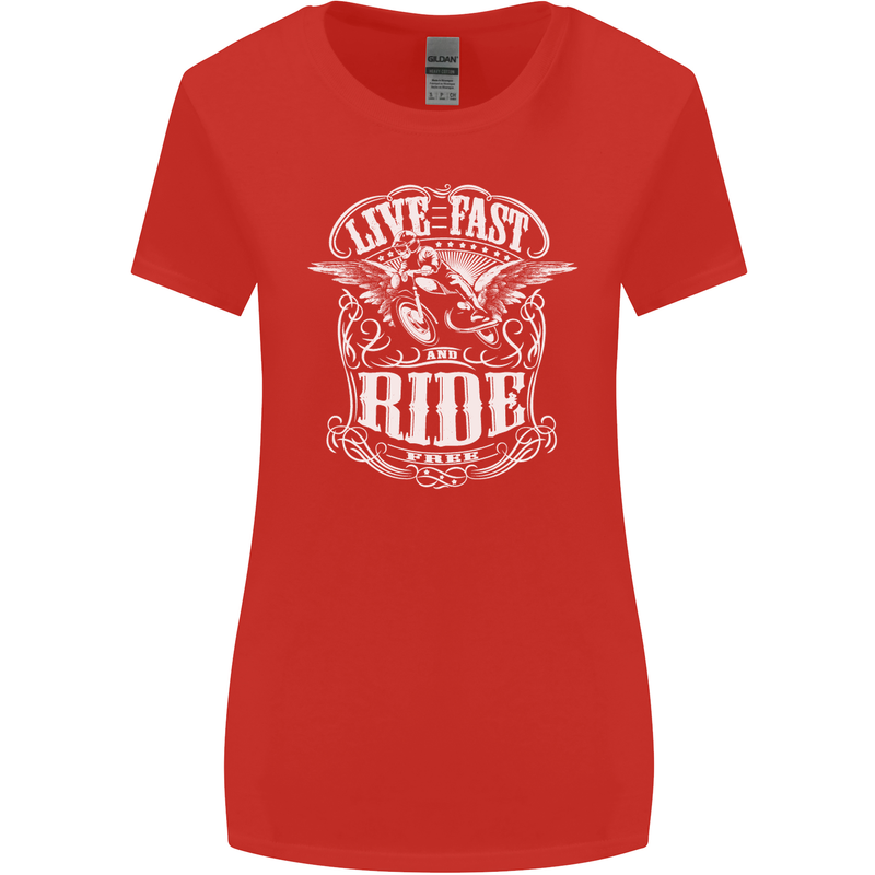 Live Fast Ride Free Motorcycle Biker Womens Wider Cut T-Shirt Red