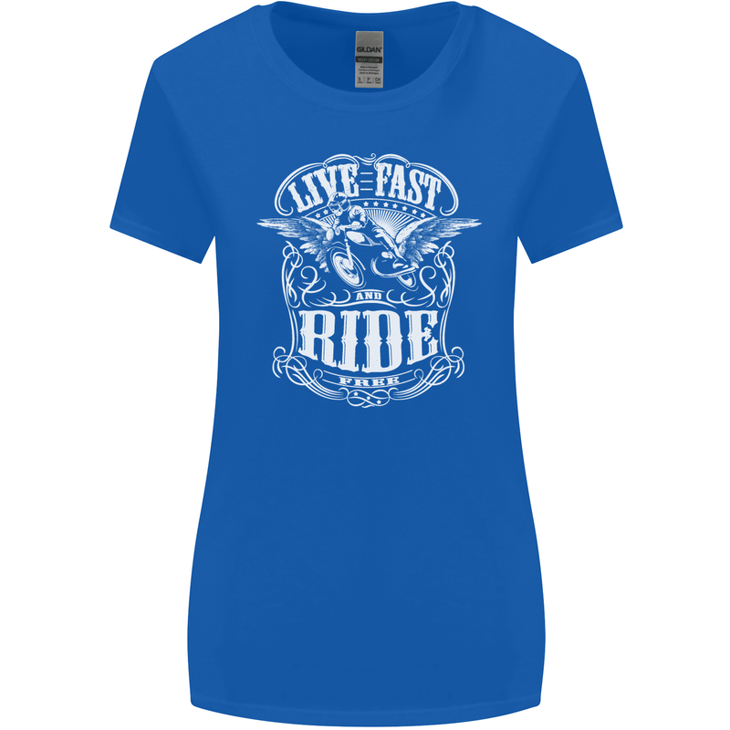 Live Fast Ride Free Motorcycle Biker Womens Wider Cut T-Shirt Royal Blue