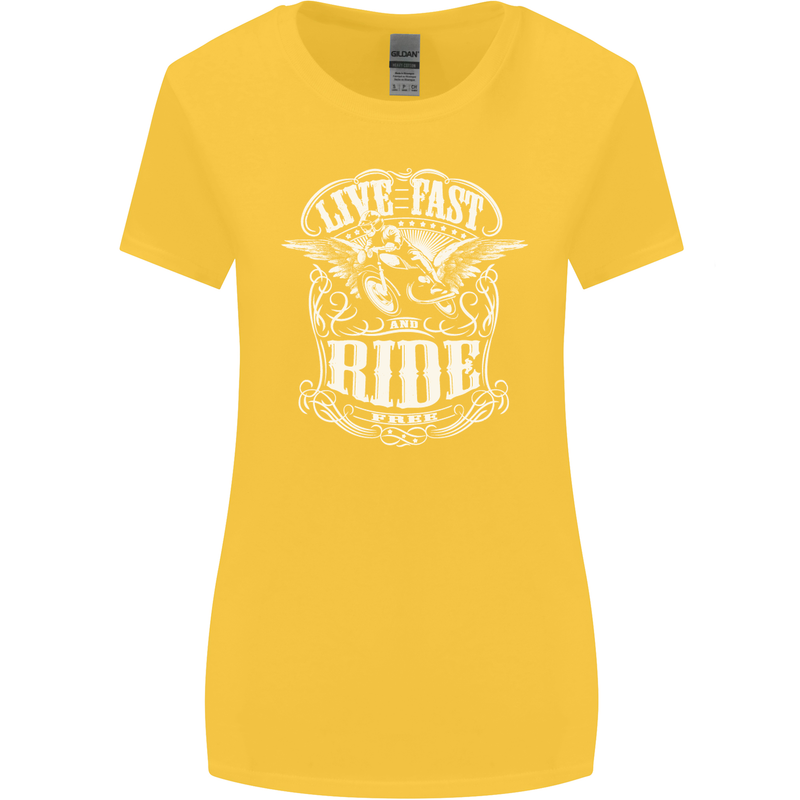 Live Fast Ride Free Motorcycle Biker Womens Wider Cut T-Shirt Yellow