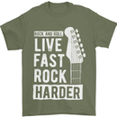 Live Fast Rock Harder Guitar & Roll Music Mens T-Shirt Cotton Gildan Military Green