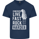 Live Fast Rock Harder Guitar & Roll Music Mens V-Neck Cotton T-Shirt Navy Blue