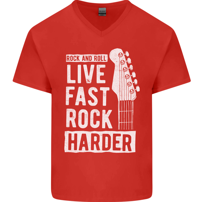 Live Fast Rock Harder Guitar & Roll Music Mens V-Neck Cotton T-Shirt Red