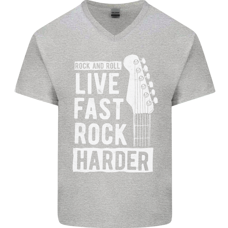 Live Fast Rock Harder Guitar & Roll Music Mens V-Neck Cotton T-Shirt Sports Grey
