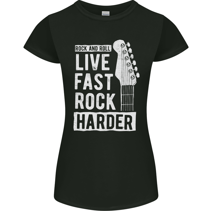 Live Fast Rock Harder Guitar & Roll Music Womens Petite Cut T-Shirt Black