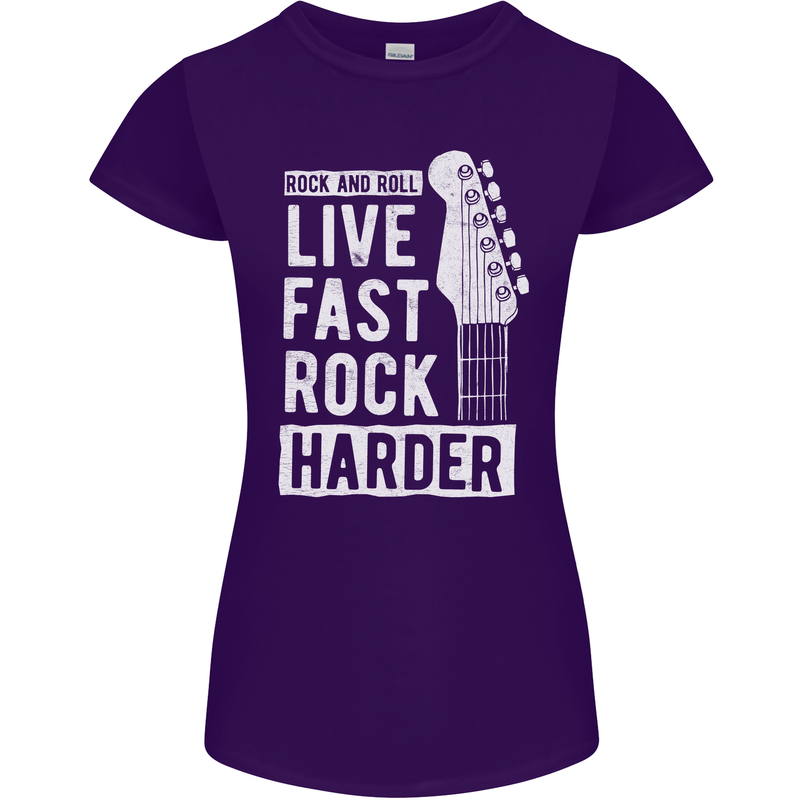 Live Fast Rock Harder Guitar & Roll Music Womens Petite Cut T-Shirt Purple