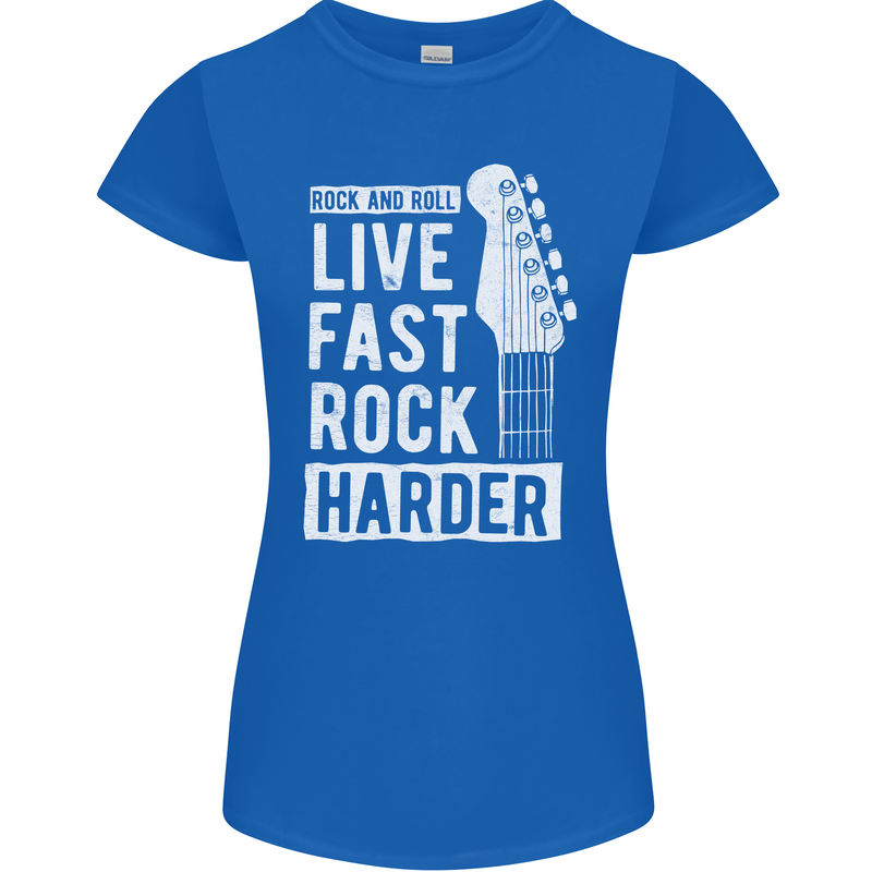 Live Fast Rock Harder Guitar & Roll Music Womens Petite Cut T-Shirt Royal Blue