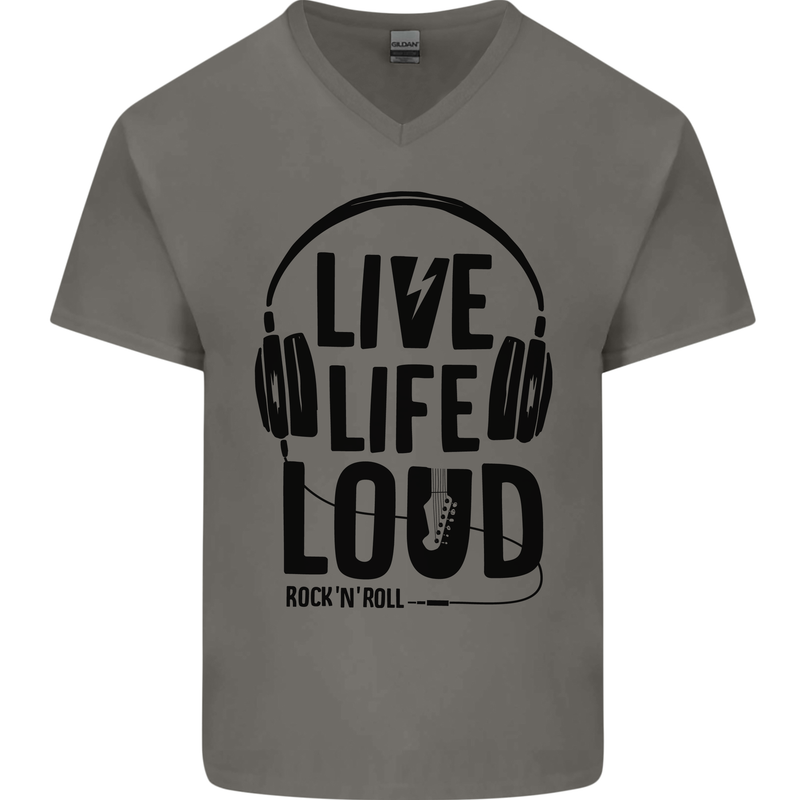 Live Life Loud Rock n Roll Guitar Music Mens V-Neck Cotton T-Shirt Charcoal