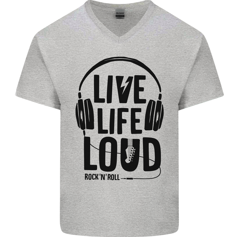 Live Life Loud Rock n Roll Guitar Music Mens V-Neck Cotton T-Shirt Sports Grey