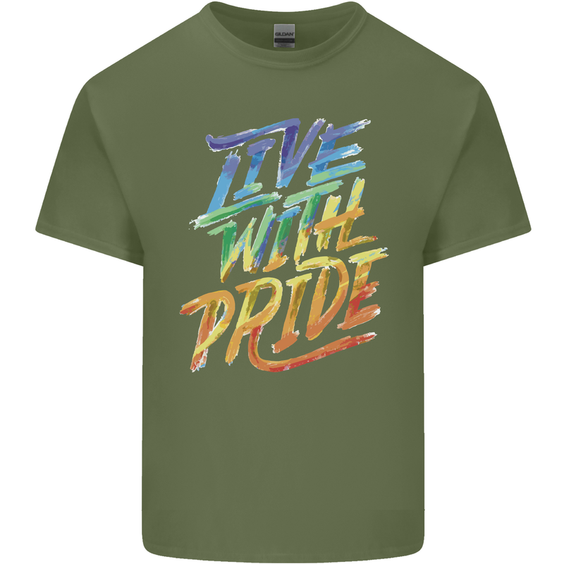 Live With Pride LGBT Gay Pride Mens Cotton T-Shirt Tee Top Military Green