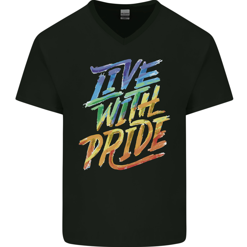 Live With Pride LGBT Gay Pride Mens V-Neck Cotton T-Shirt Black