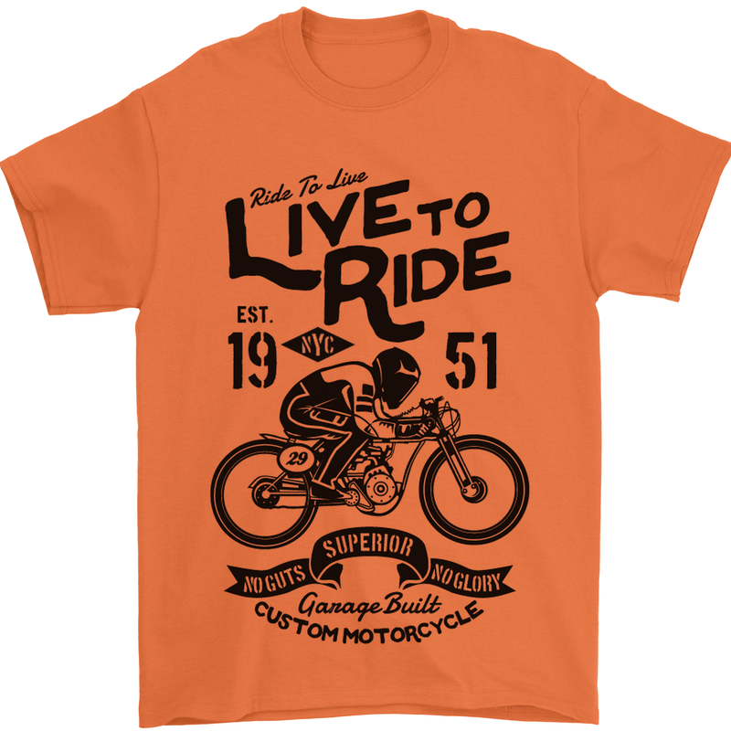 Live to Ride Motorbike Motorcycle Biker Mens T-Shirt Cotton Gildan Orange