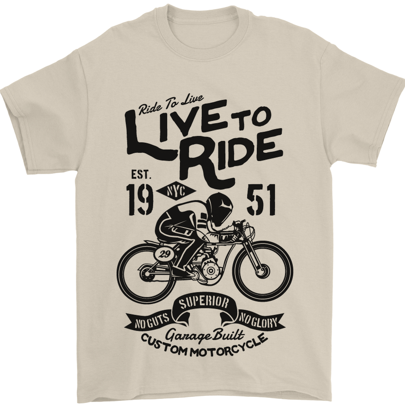 Live to Ride Motorbike Motorcycle Biker Mens T-Shirt Cotton Gildan Sand