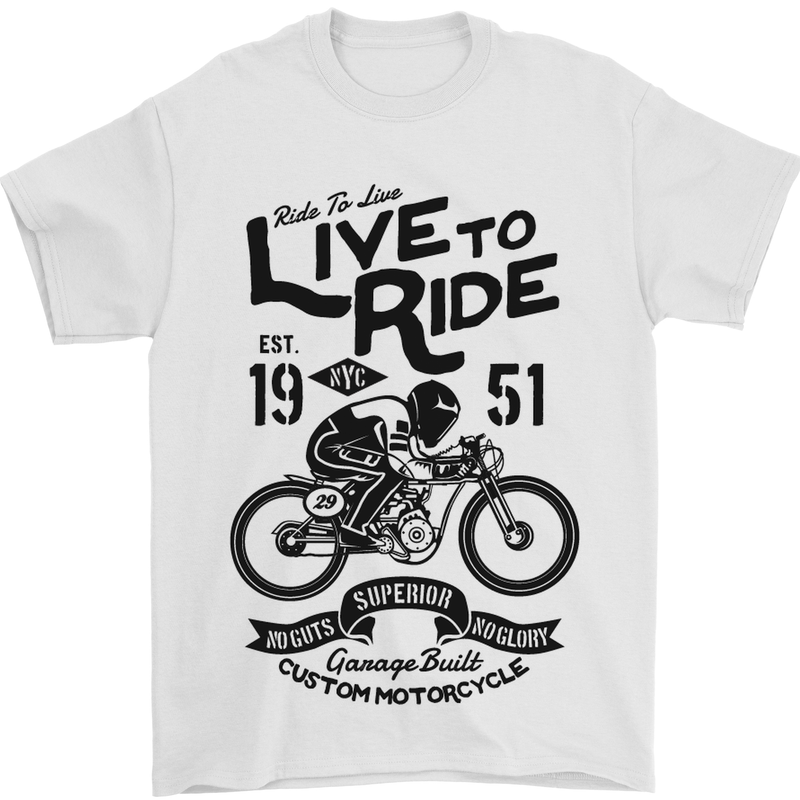 Live to Ride Motorbike Motorcycle Biker Mens T-Shirt Cotton Gildan White