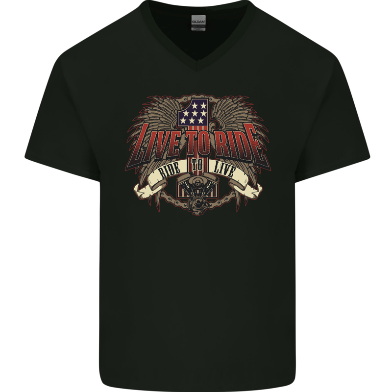 Live to Ride Motorbike Motorcycle Biker Mens V-Neck Cotton T-Shirt Black